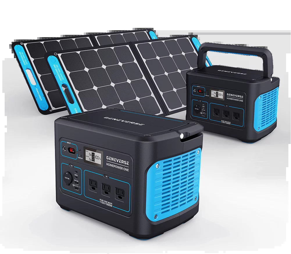 Gerador Solar de 1002Wh (2X2) Conjunto: 2 Estações de Energia Portáteis Homepower ONE (Cada uma com 3 Saídas AC de 1000W) + 2 Painéis Solares de 100W. Geradores de Bateria Silenciosos e Seguros para Uso Interior