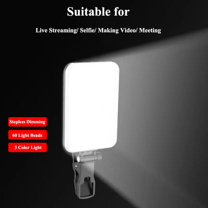 Portable LED Selfie Light with Front &Back Phone Clip for Father'S Day Gift,High Power 6O LED 2000MAH Rechargeable Camera Fill Light for Summer 3 Light Modes Clip on Ring Light for Tablet/Laptop/Camera/Tripod Zoom Call Video Fill Light for Camera Use