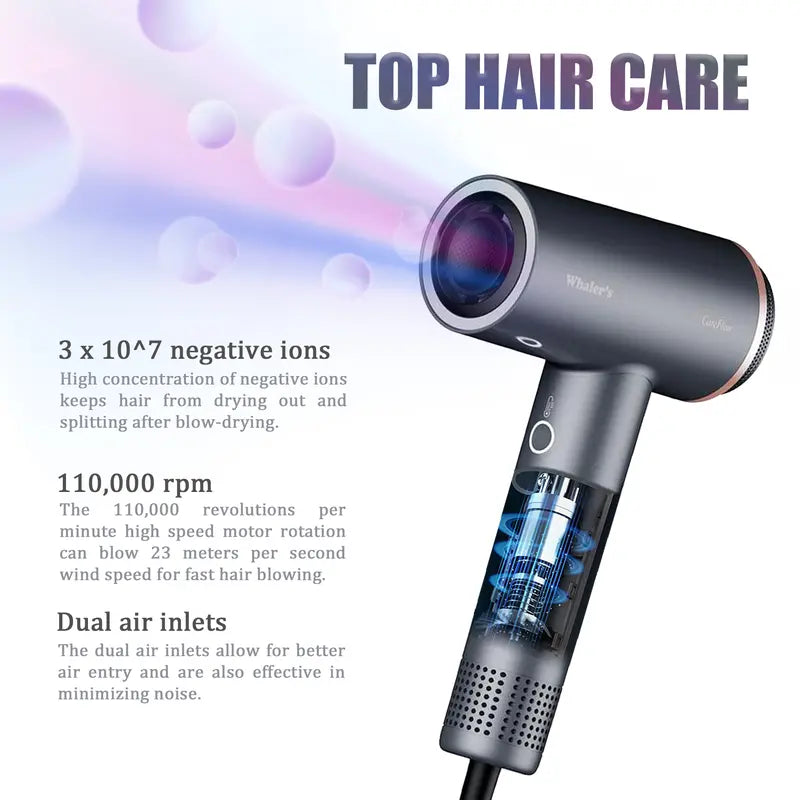 Whaler'S Professional High Speed Anion Hair Dryer - 110,000RPM, 23M/S Wind Speed, 300 Million Negative Ions, 8 Layers of Noise Damping Technology - Ideal for Home, Travel, and Gift