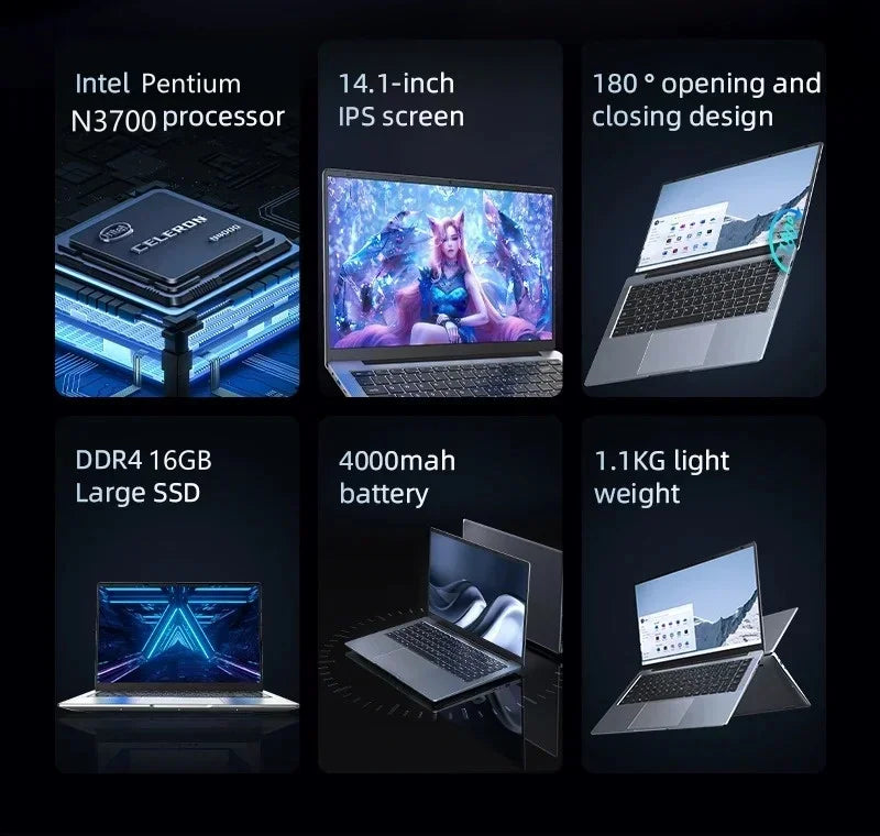 Laptop para Escritório e Jogos 14.1": Windows 11, 16GB DDR4, 512GB SSD, Intel Pentium N3700, Tela FHD – Desempenho Máximo e Desbloqueado