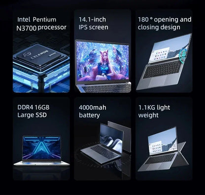 Laptop para Escritório e Jogos 14.1": Windows 11, 16GB DDR4, 512GB SSD, Intel Pentium N3700, Tela FHD – Desempenho Máximo e Desbloqueado